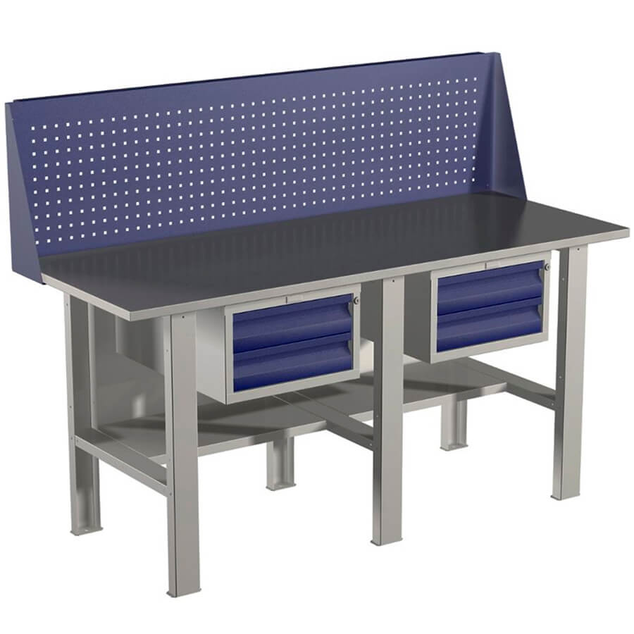 EXPERT (№225) WTS 200.F2/F2/F2.210 Верстак ПРОМЕТ (Корпус серый полуматовый (RAL 7038), лицевая панель ящиков и дверцы тумбы — синий (RAL 5002))