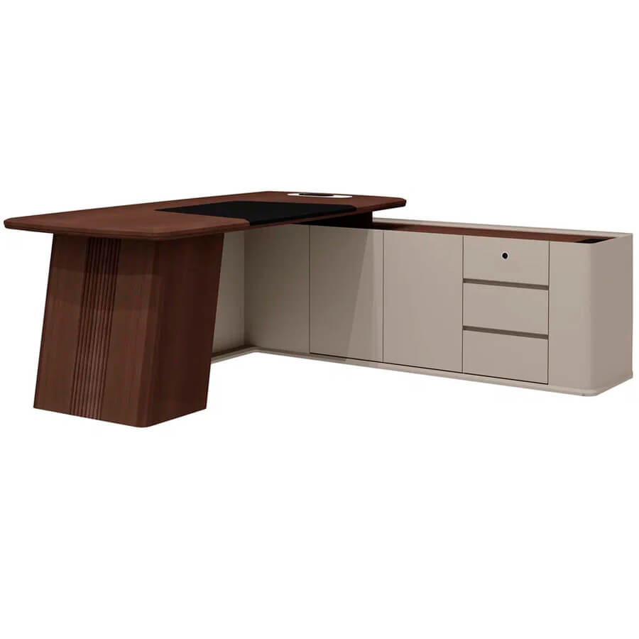 As-20.1 R Стол руководителя с опорной тумбой правый Мебель Стиль Aston (дуб Дюваль / серый кварц / мокко)