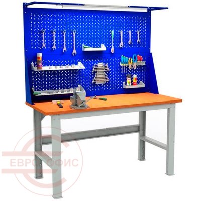 EXPERT (№607) W160.F2/F2.021 Верстак ПРОМЕТ (Корпус серый полуматовый (RAL 7038), лицевая панель ящиков и дверцы тумбы — синий (RAL 5002))